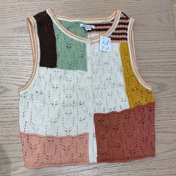 NEW American Eagle AE Patchwork Button Sweater Vest, Green/Cream/Pink, Women’s S - Picture 2 of 12